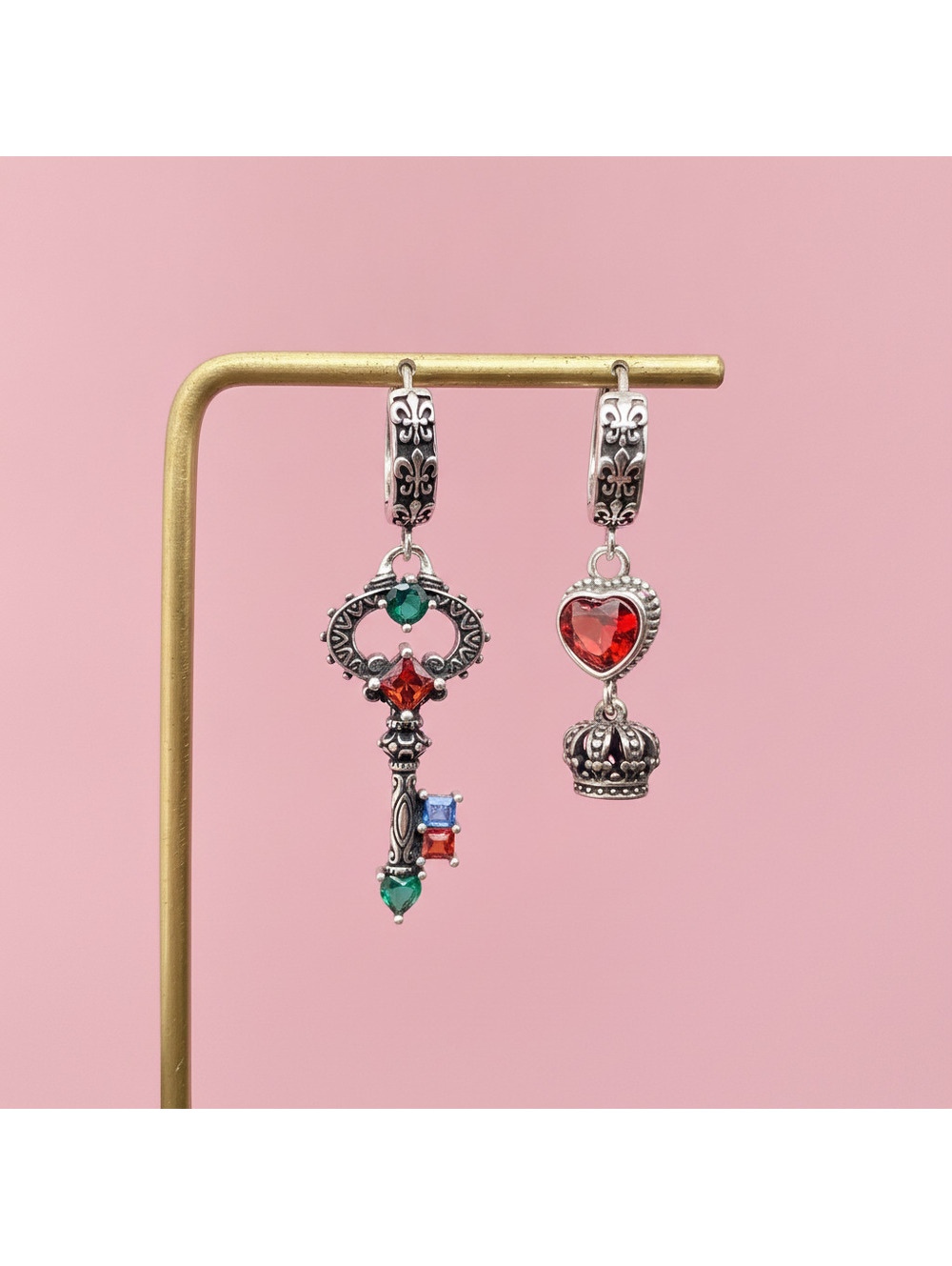 Asymmetric Silver Key and Crown Dangle Hoop Earrings with Cr